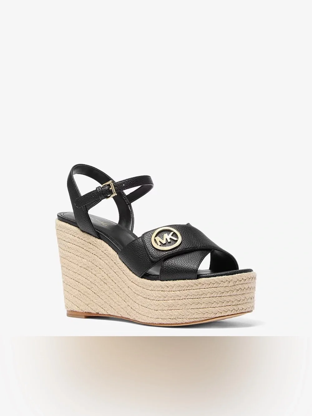 Michael Kors Black Leather Platform Espadrille Wedges with MK Medallion